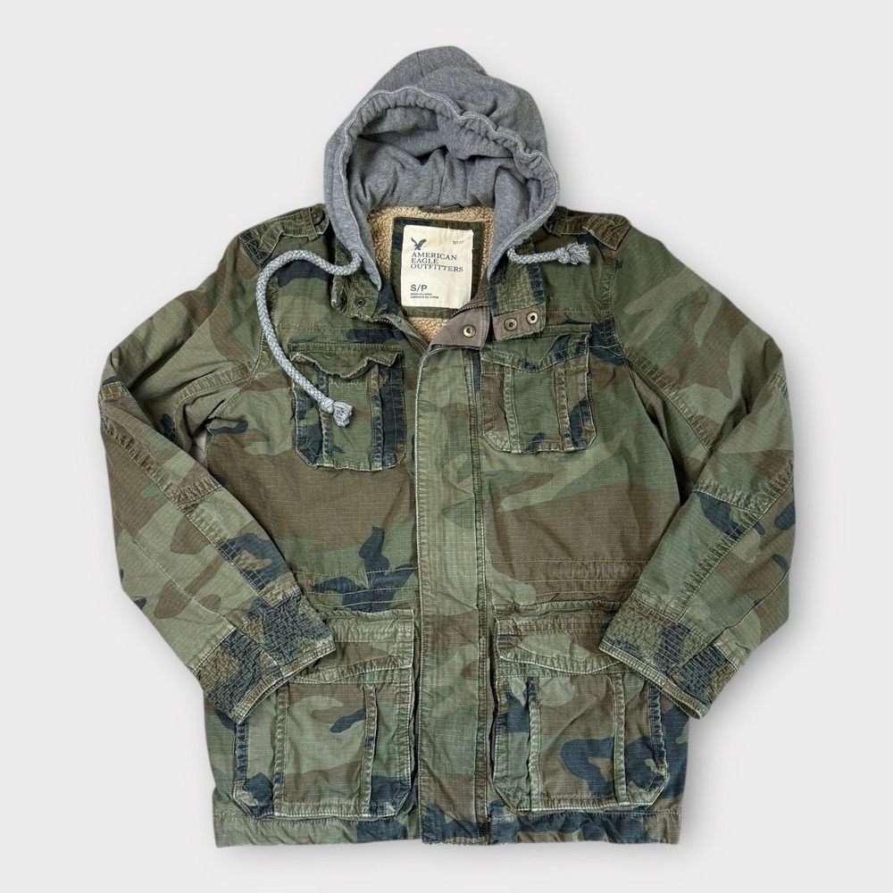 American Eagle Mens Camo Field Jacket Sherpa Lined Hooded Military Utility Small